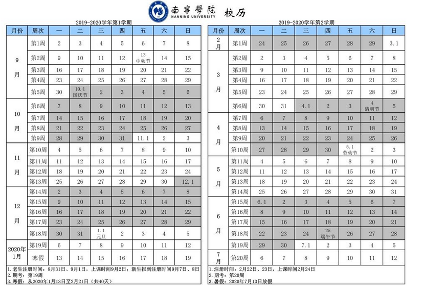 南寧學(xué)院2019-2020年校歷及寒假放假時間安排,什么時候放寒假  